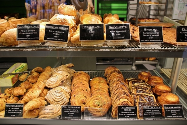 French breakfast pastries in a display case