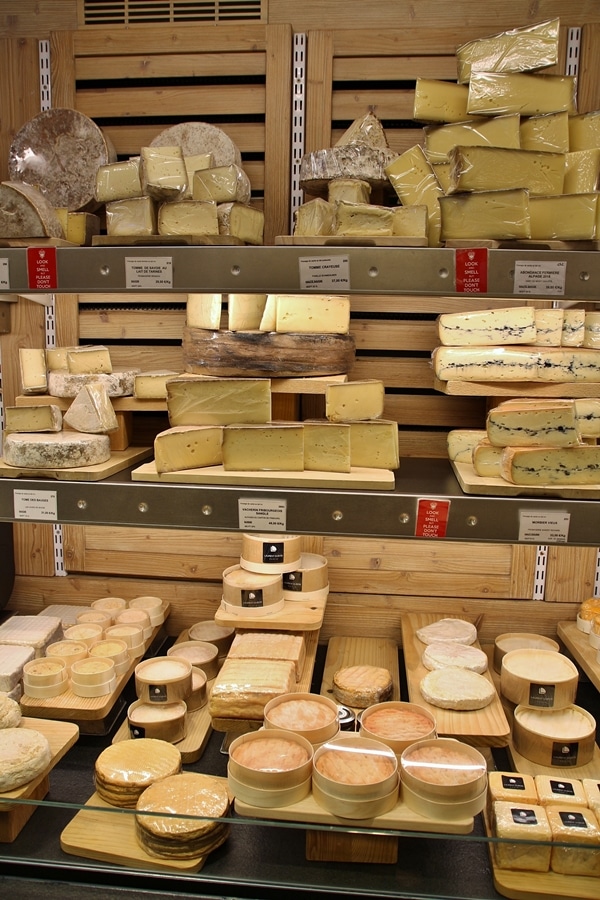 a variety of cheeses in a cheese shop