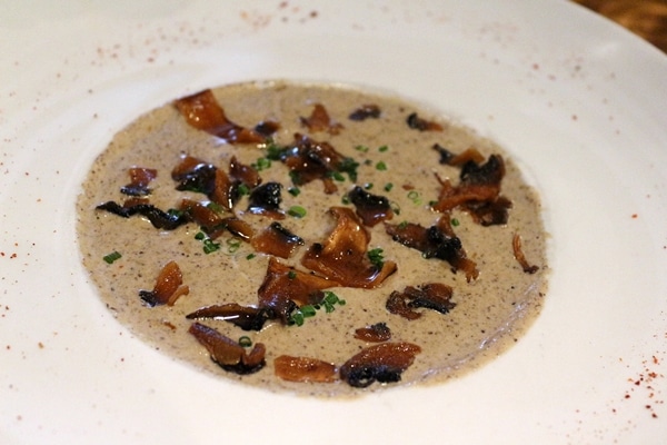a creamy mushroom soup in a white bowl