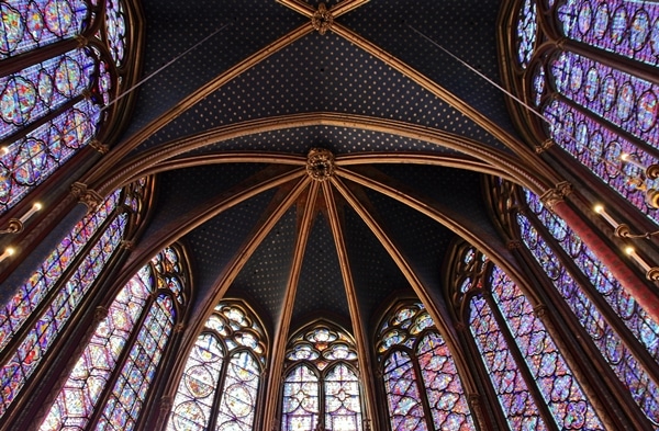 elaborate stained glass windows in Sainte-Chapelle church