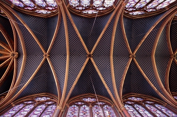 view looking up at vaulted ceiling in Sainte-Chapelle church