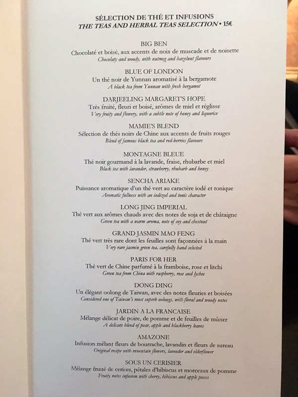 a menu of various teas