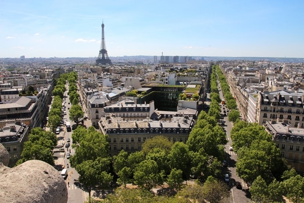 view of the Eiffel Tower from the top of the Arc de Triomphe