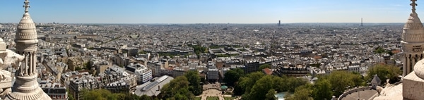 wide panoramic view of Paris from hilltop