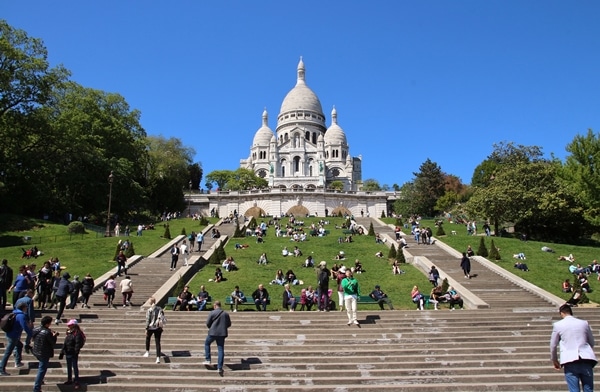 view of Sacre Coeur from the bottom of a hill