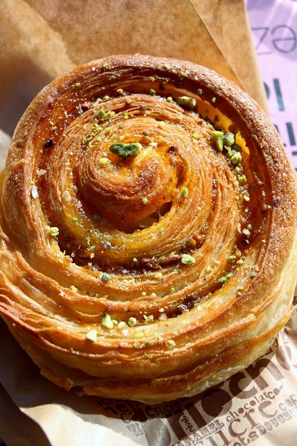 A close up of a spiral shaped pastry