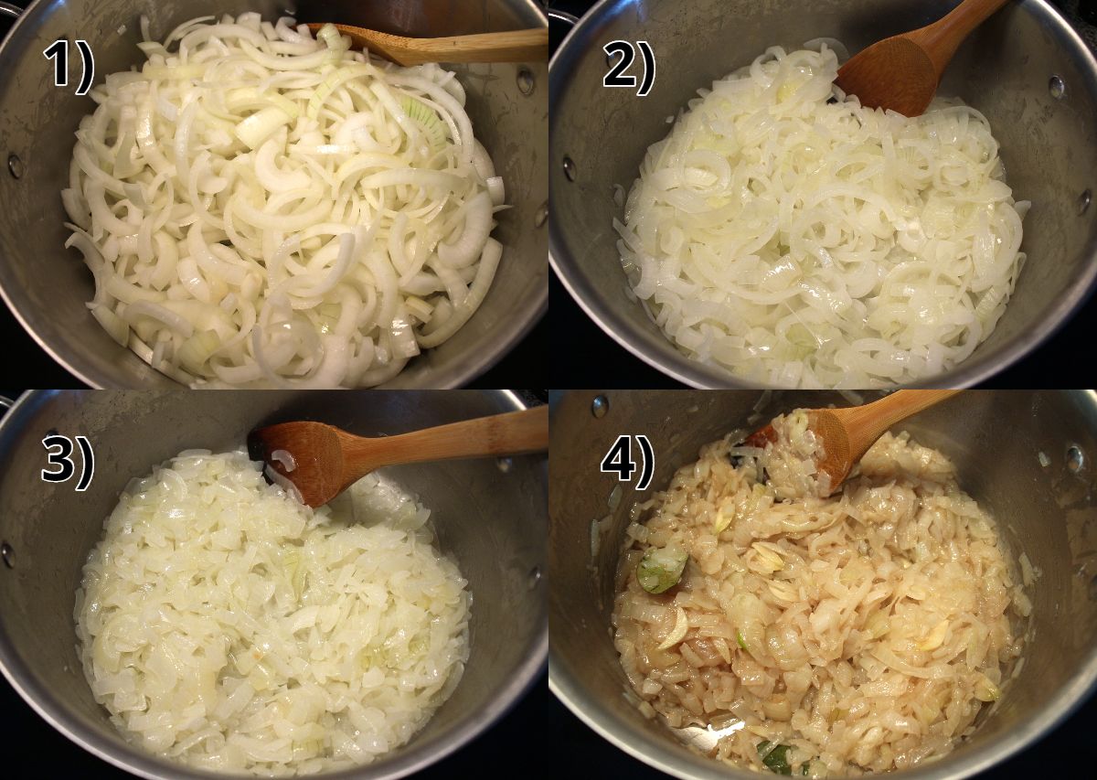 step by step photos of cooking slices onions in a pot