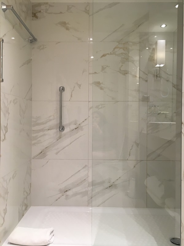 A glass shower door