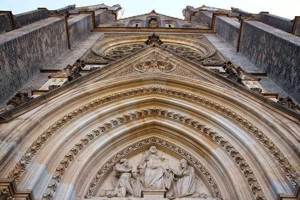 view looking up on the stone facade of a church