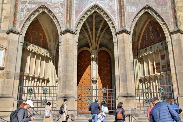 A group of people in front of a church