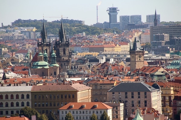 A view of a city with large buildings in the background