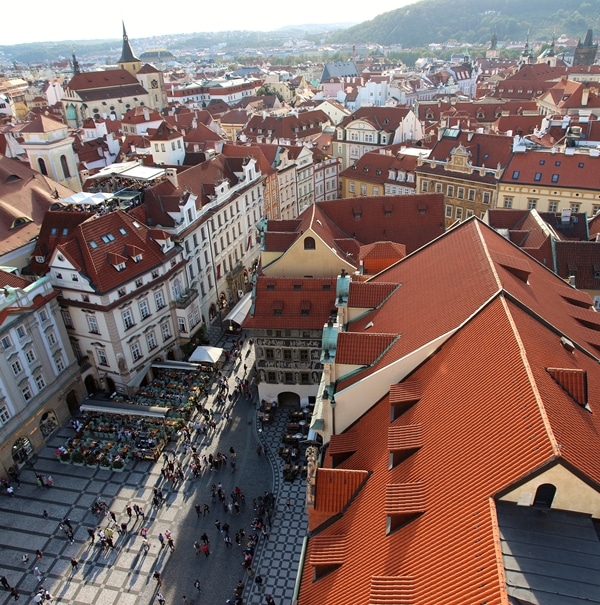 red roofed buildings in Prague viewed from a tall tower