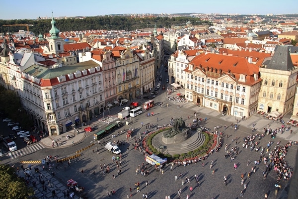 a large square in Prague, as seen from above