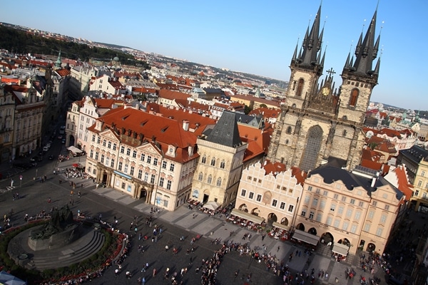 Old Town Square in Prague viewed from a tall tower