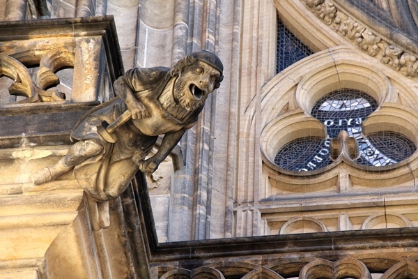 closeup of a gargoyle on a church