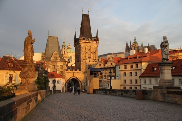 Lesser Town Bridge Tower and Prague Castle at dawn