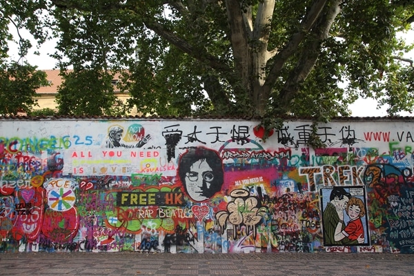 a graffiti wall under a tree