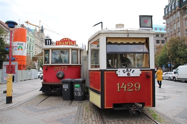 old fashioned trolleys in a square 