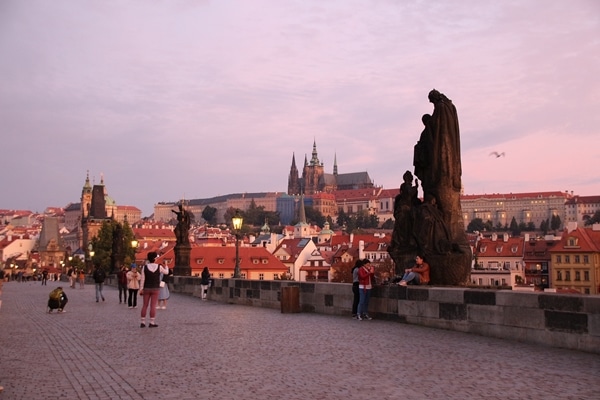 view of Prague Castle from the Charles Bridge at dawn