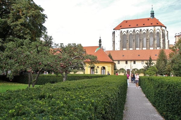 Franciscan Garden in Prague with a church in the distance