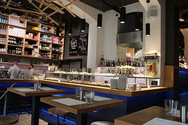 a wide view of a buffet in a restaurant