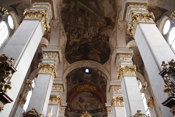 view of an ornately painted church ceiling