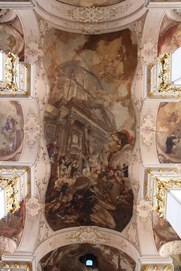 the elaborate painted ceiling of a church