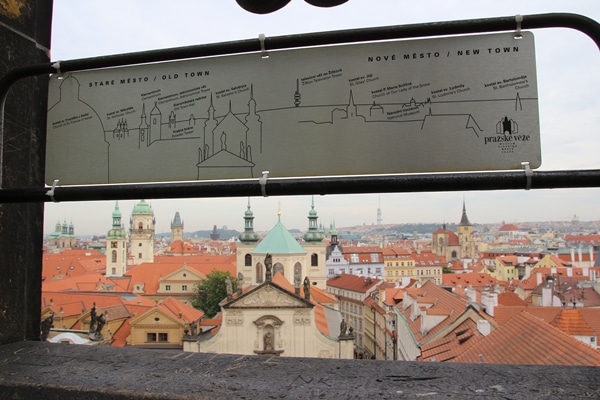 A sign pointing out the names of buildings in view