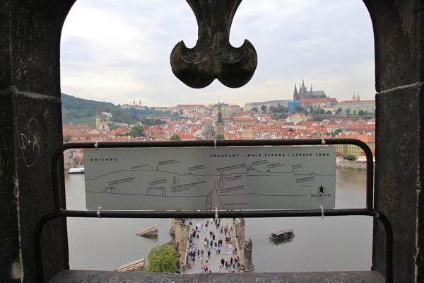 view of a metal sign, Charles Bridge and Prague Castle from a rooftop