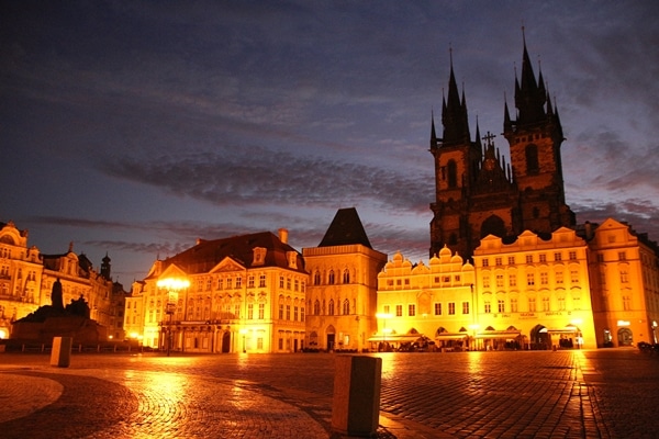 an empty square in Prague at dawn