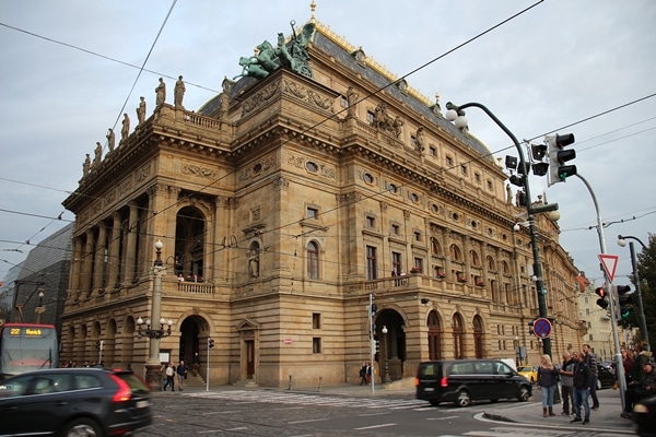 the exterior of the National Opera building in Prague