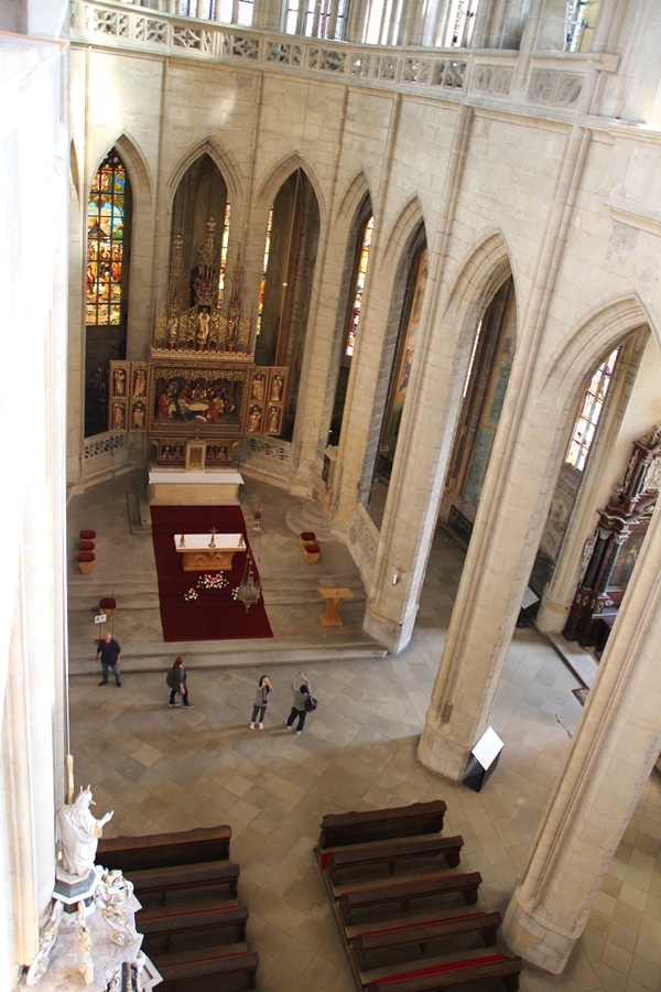 looking down into the interior of a large church