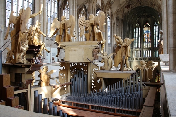 the rear view of a large church organ