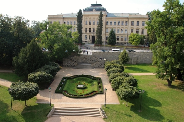 a garden with a large building in the distance