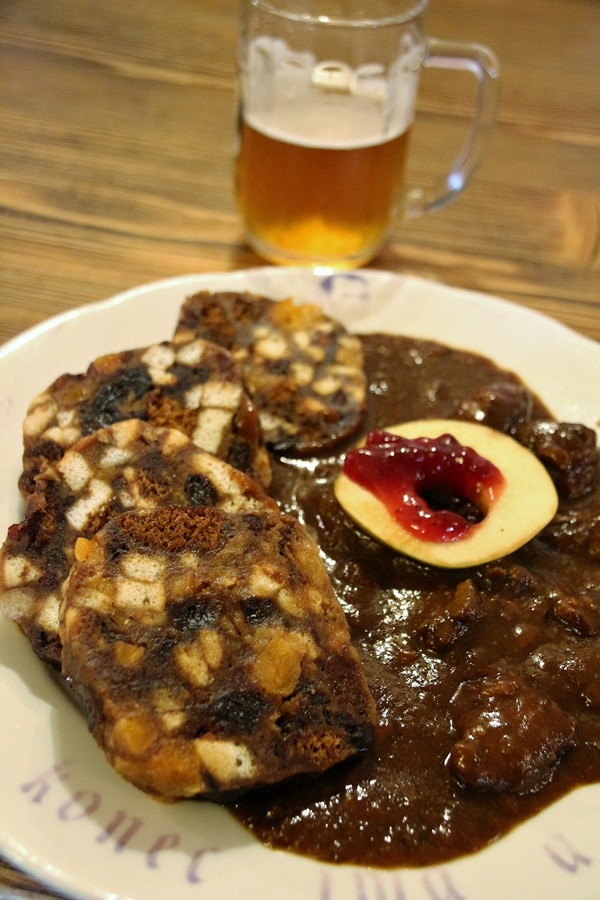 meat goulash with gingerbread dumplings on the side