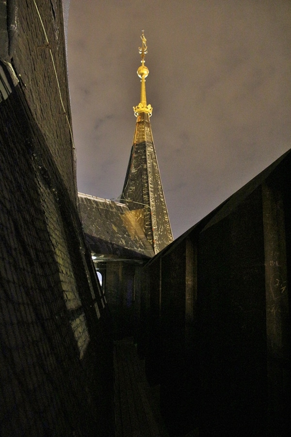 rooftop of a stone tower at night