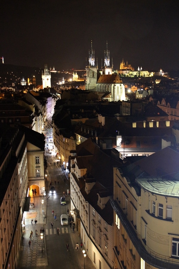 A view of Prague lit up at night