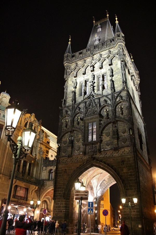 The Powder Tower in Prague at night