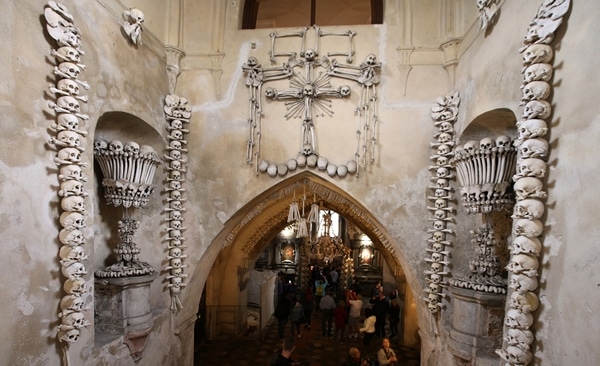 the entrance of a bone church