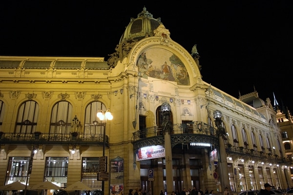 A large building at night