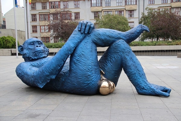 A giant statue of a blue King Kong