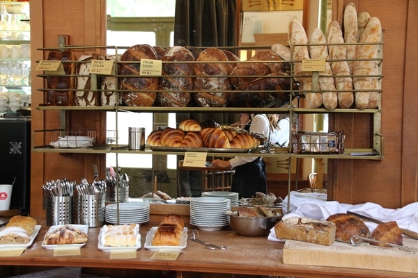 baskets of breads and pastries in a restaurant