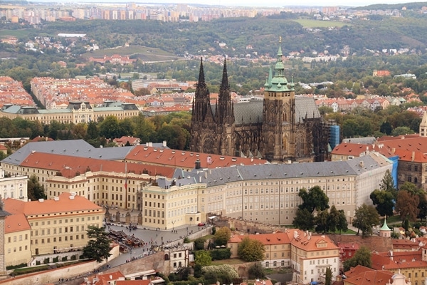 a closeup view of Prague Castle from Petrin Hill