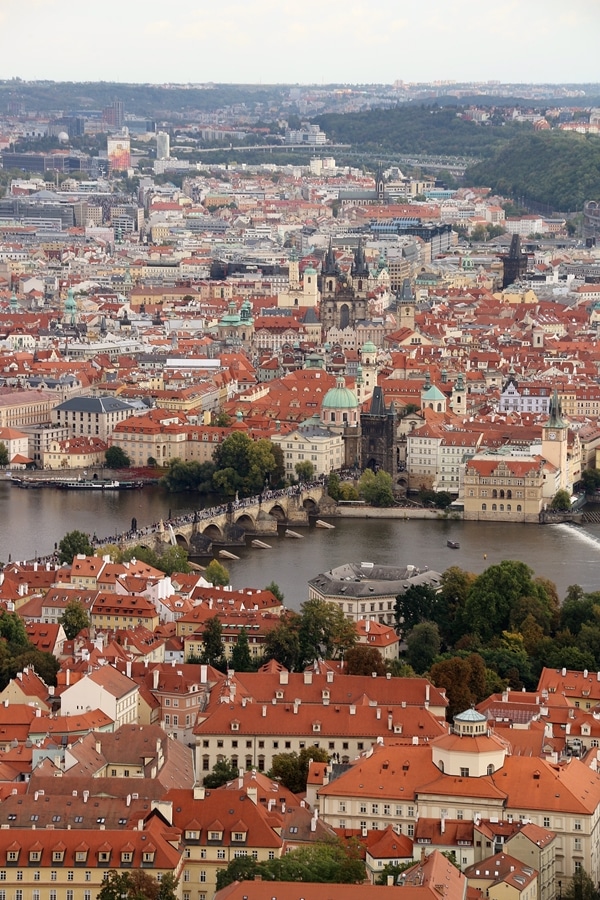 view of the Charles Bridge and Old Town Prague from Petrin Hill