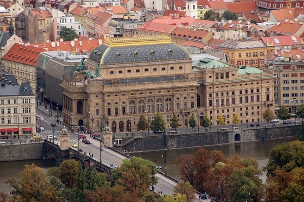 the National Theatre in Prague from across the river