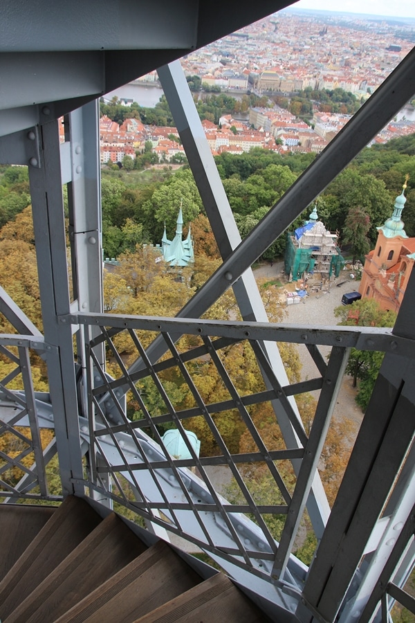 view from the stairwell of Petrin Tower in Prague