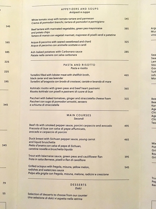 restaurant menu with black text on a white background