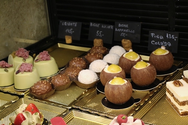 desserts in a display case