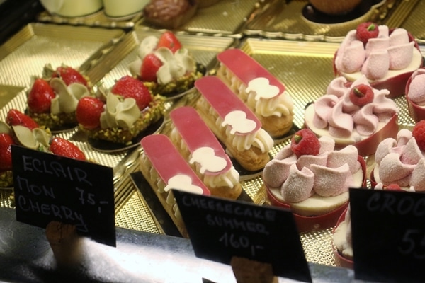 colorful desserts in a display case