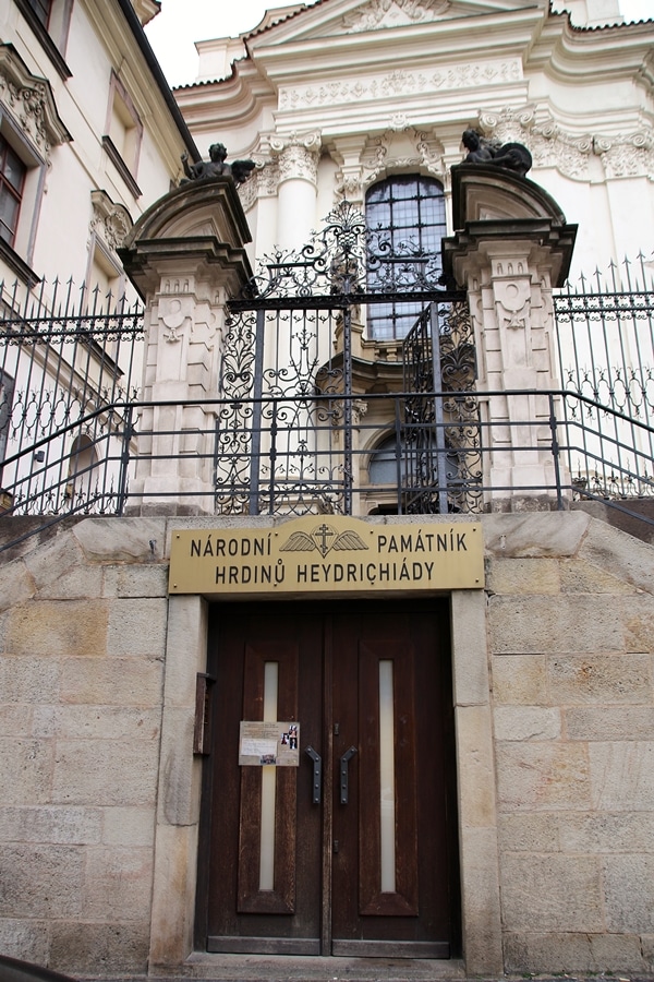 doors to enter crypt below church in Prague